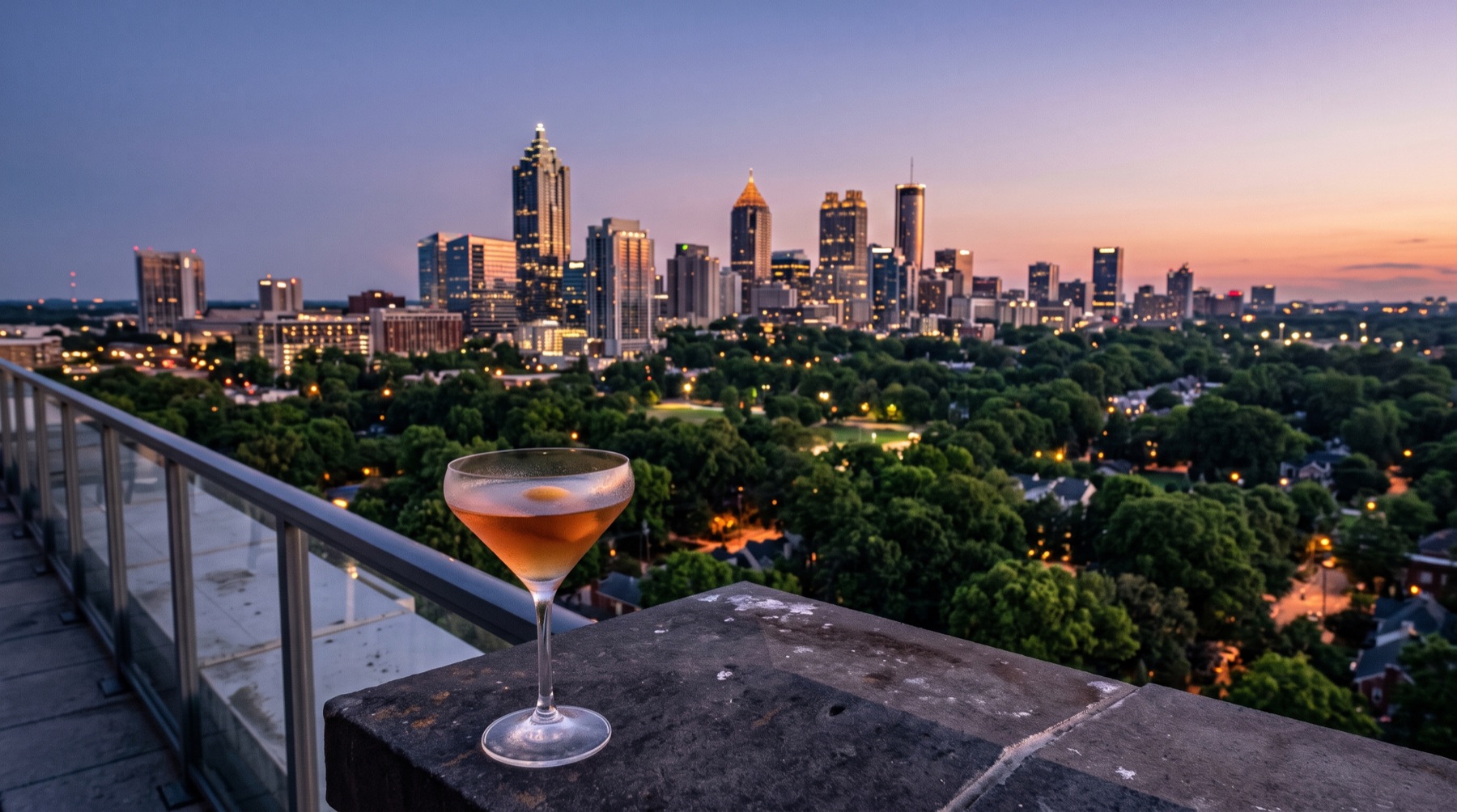 View from a rooftop terrace over Atlanta at dusk (AI image)