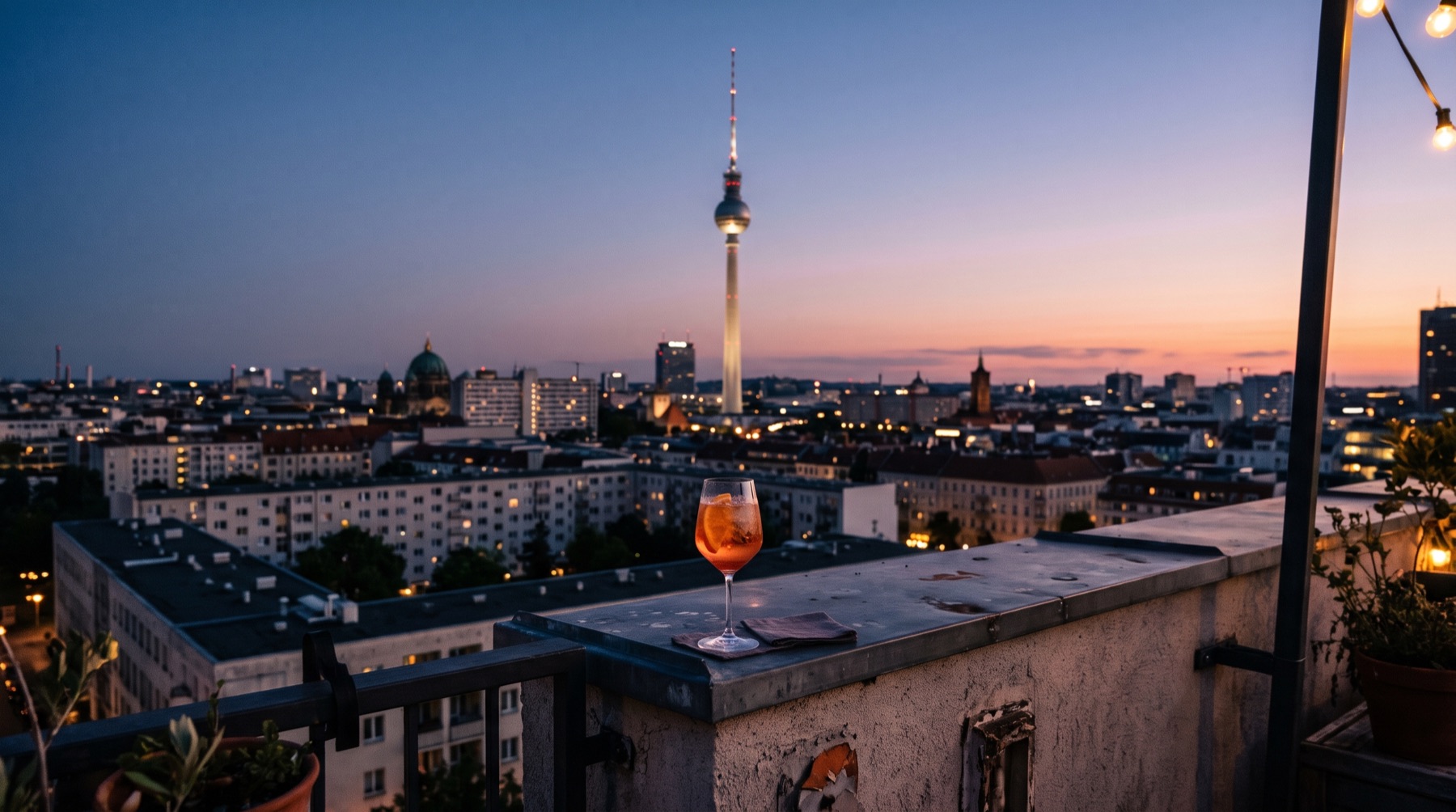 Blick von einer Dachterrasse über Berlin am Abend (Bild mit KI erstellt)