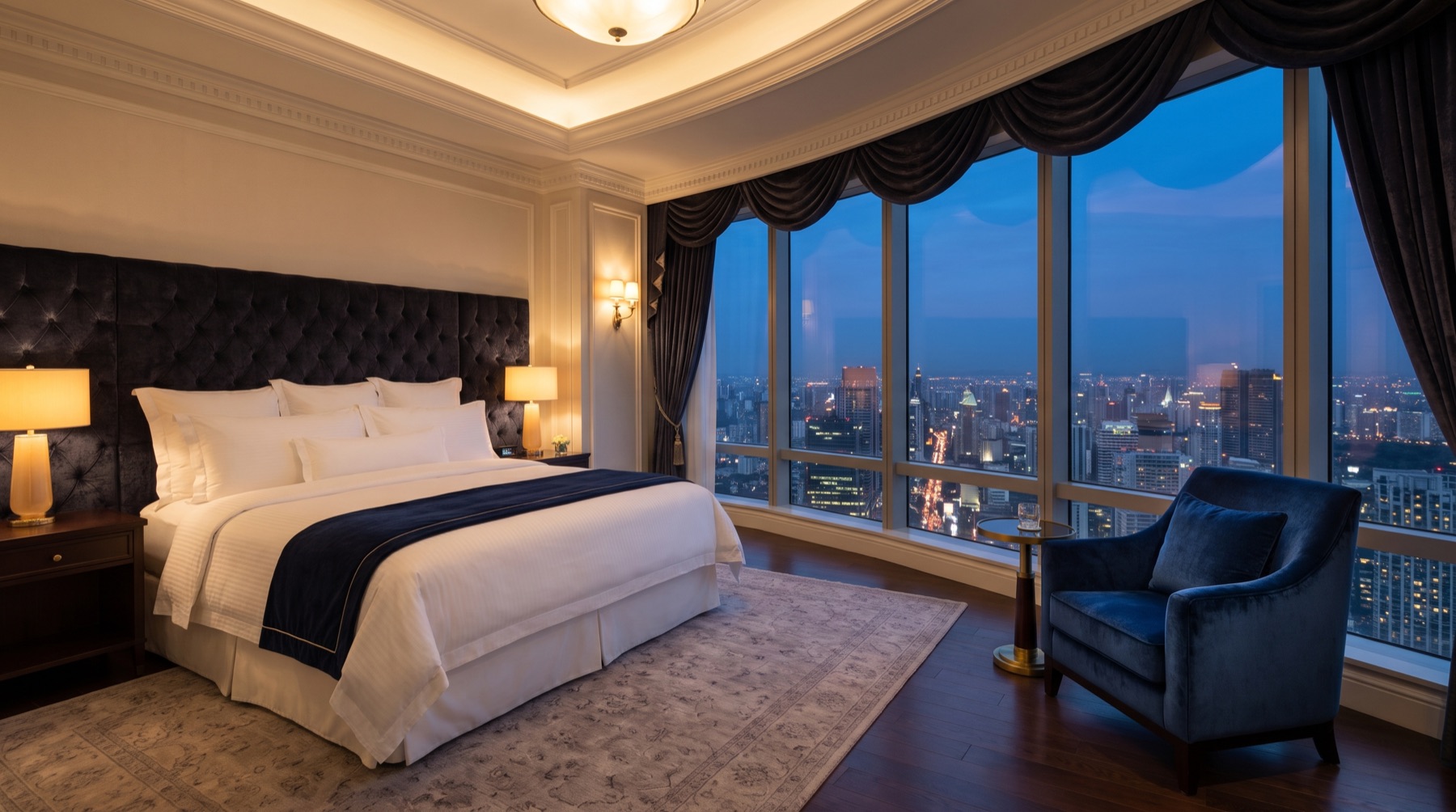 Suite eines Luxushotels am Abend mit Blick auf die Stadt (Bild mit KI erstellt)