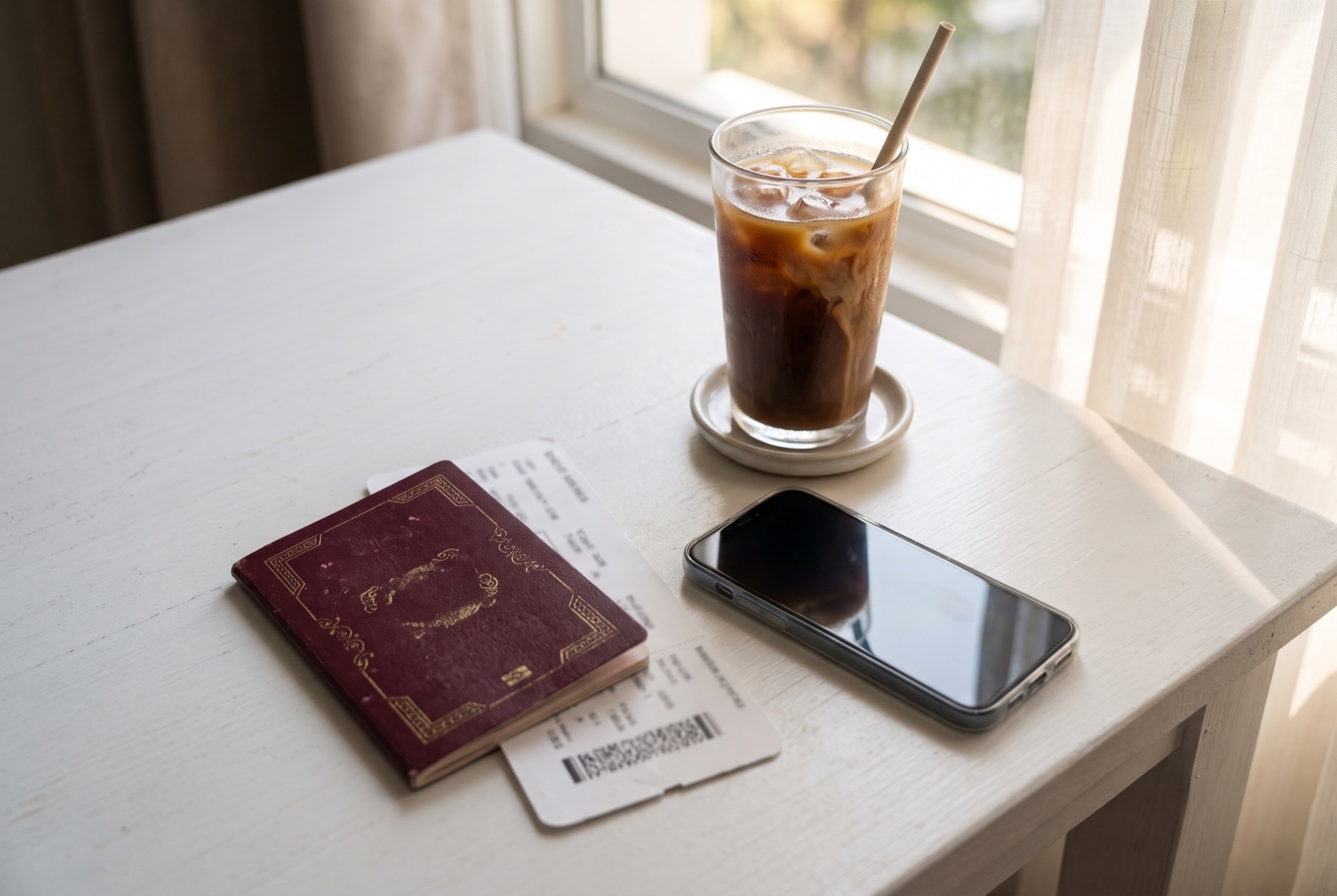 Reisepass, Bordkarte und Handy auf einem Hotelschreibtisch (Bild mit KI erstellt)