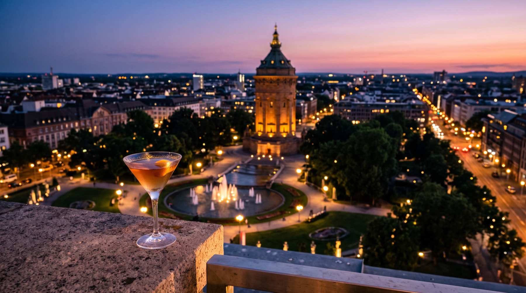Blick von einer Dachterrasse über Mannheim am Abend (Bild mit KI erstellt)