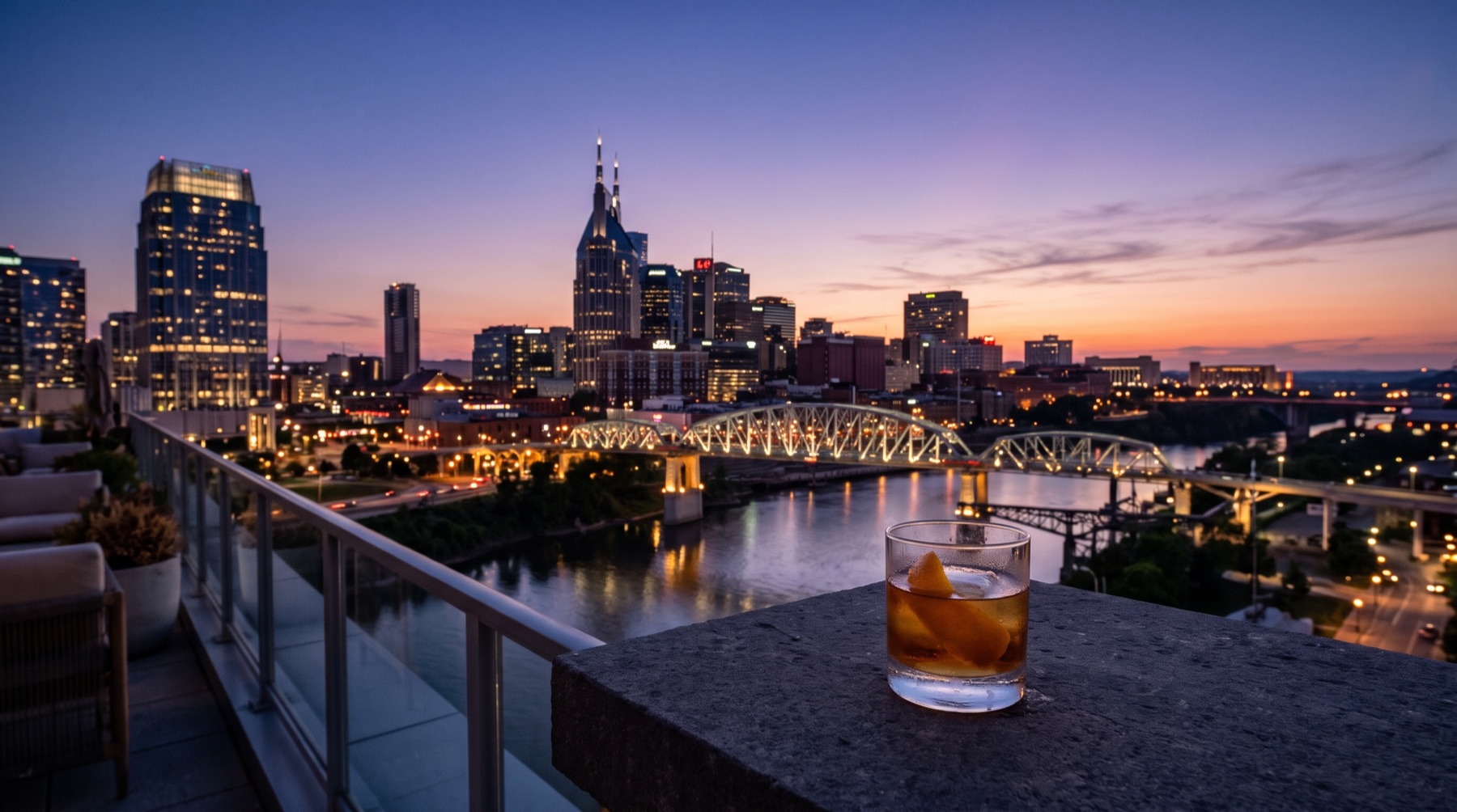 View from a rooftop terrace over Nashville at dusk (AI image)