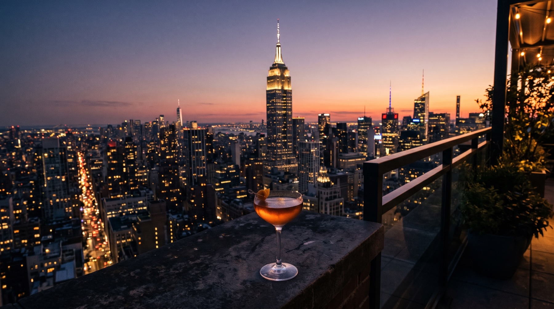 Blick von einer Dachterrasse über New York am Abend (Bild mit KI erstellt)