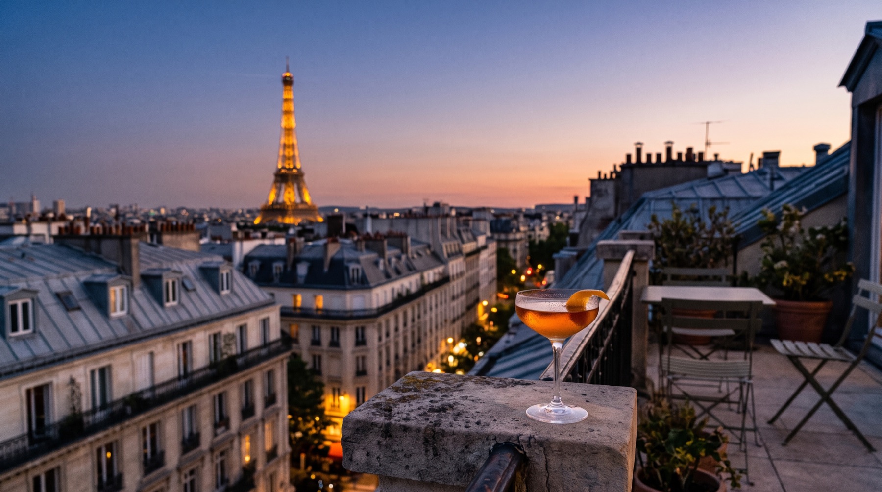 Blick von einer Dachterrasse über Paris am Abend (Bild mit KI erstellt)