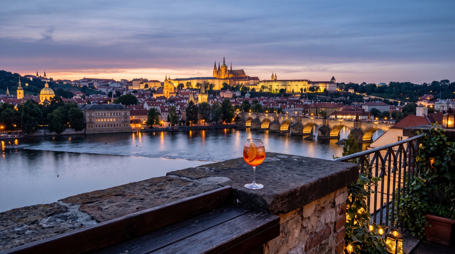 Blick von einer Dachterrasse über Prag am Abend (Bild mit KI erstellt)